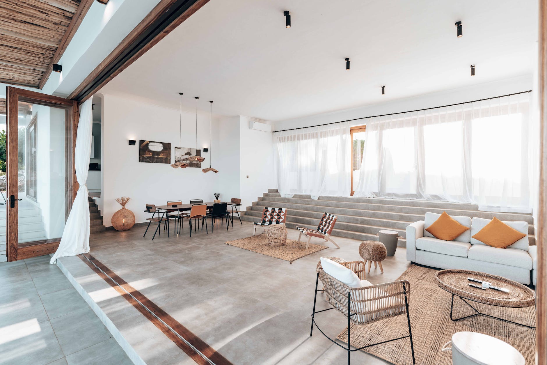 spacious living room with open plan and african style decor