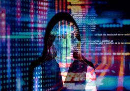 code projected over woman
